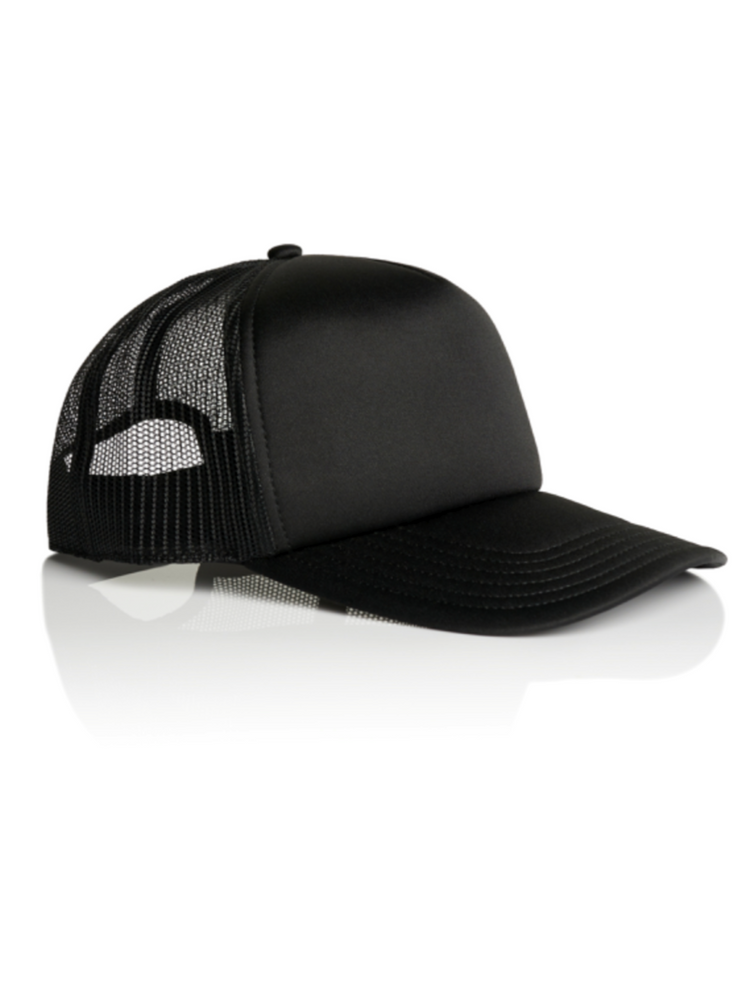 Sooty logo trucker cap. Side view. Black 