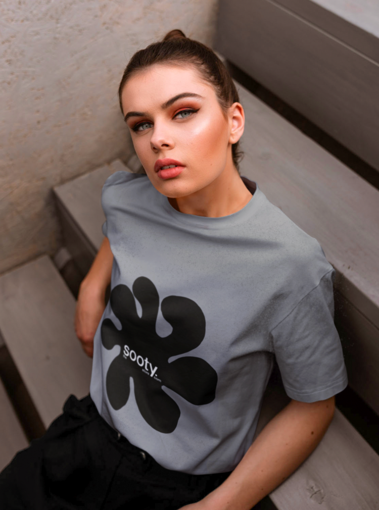 Sultry woman wearing sooty logo t-shirt- grey 